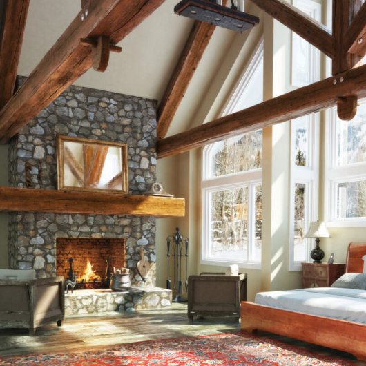 Mason-lite wood burning fireplace with custom stone surround and wood mantel