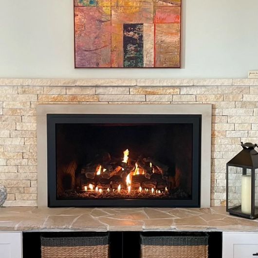 WEATHERED OAK gas fireplace with custom stone surround