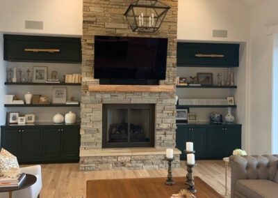 Mesh Doors with Stone Surround with shelving, wood shelf and TV