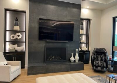 Modern Stoll Glass Doors-Black Tile Surround with TV