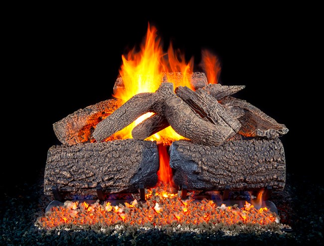 Golden Blount Epic Oak gas logs exclusively sold by Churchill's Fireplace and Patio